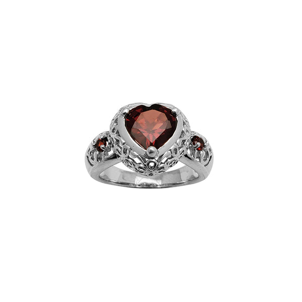 Dark-Red Heart Zirconia Patterned Ring (Silver)
