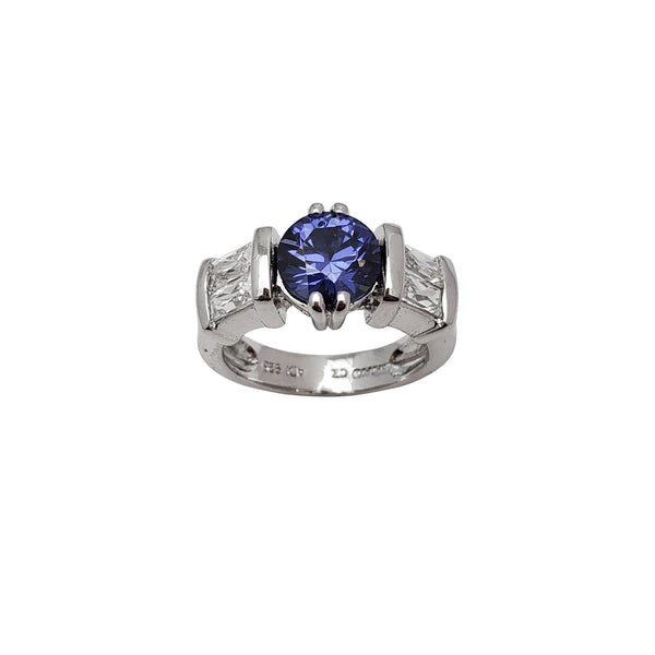 Blue Round & Baguette Bezel Zirconia Lady Ring (Silver)