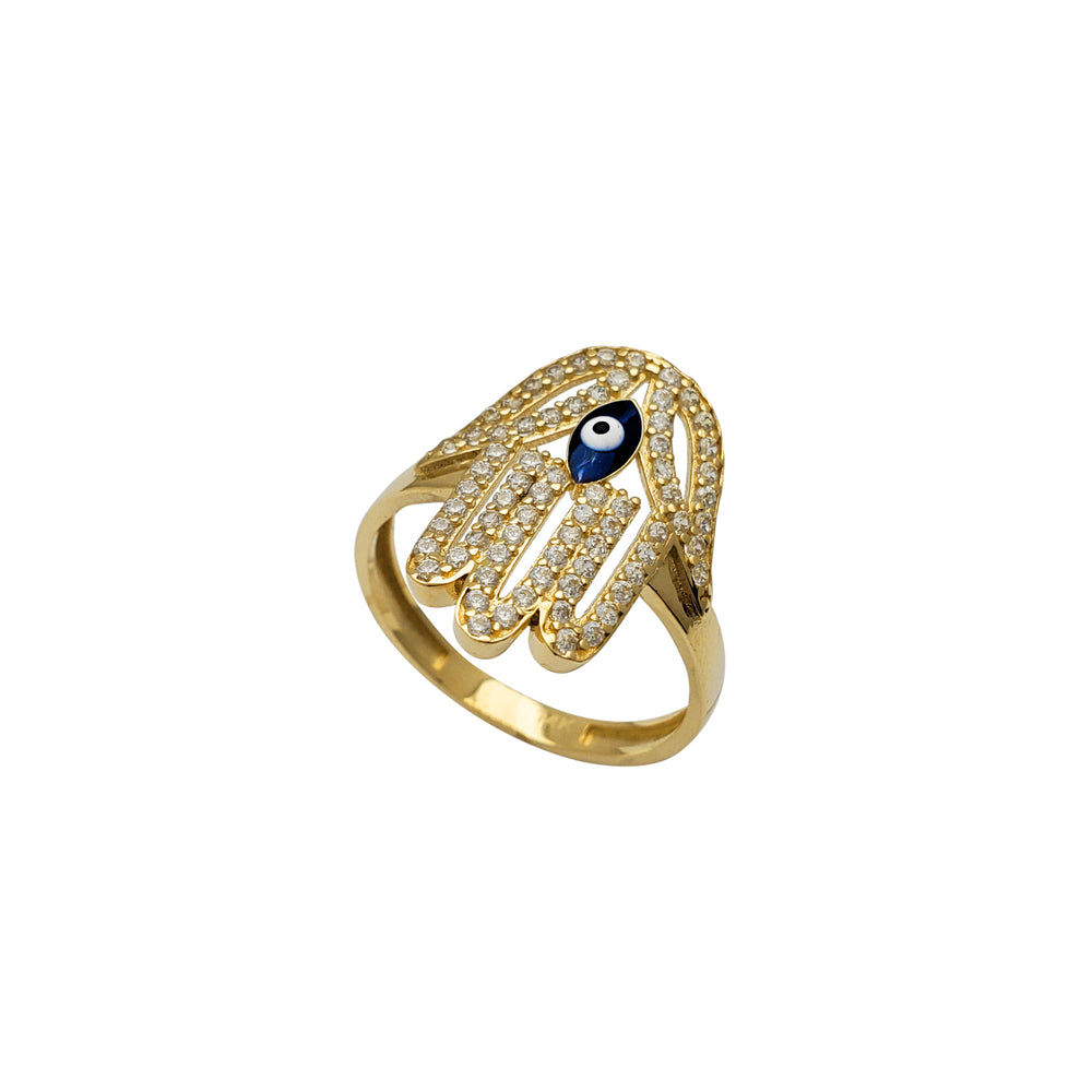 Zirconia Hamsa Hand Evil Eye Ring (14K)