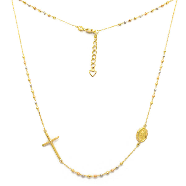 Cross & Virgin Mary Tri-Color Rosary Necklace (14K)