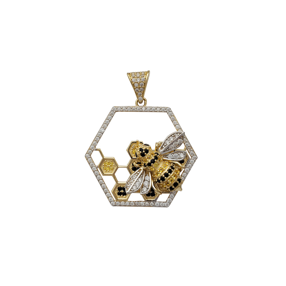 Zirconia Honeycomb & Bee Hexagonal Pendant (14K)