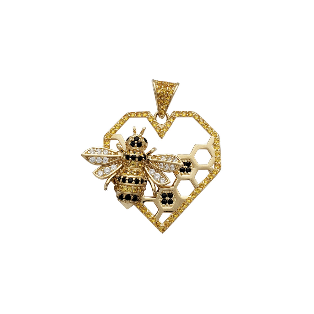 Zirconia Honeycomb & Bee Heart Pendant (14K)