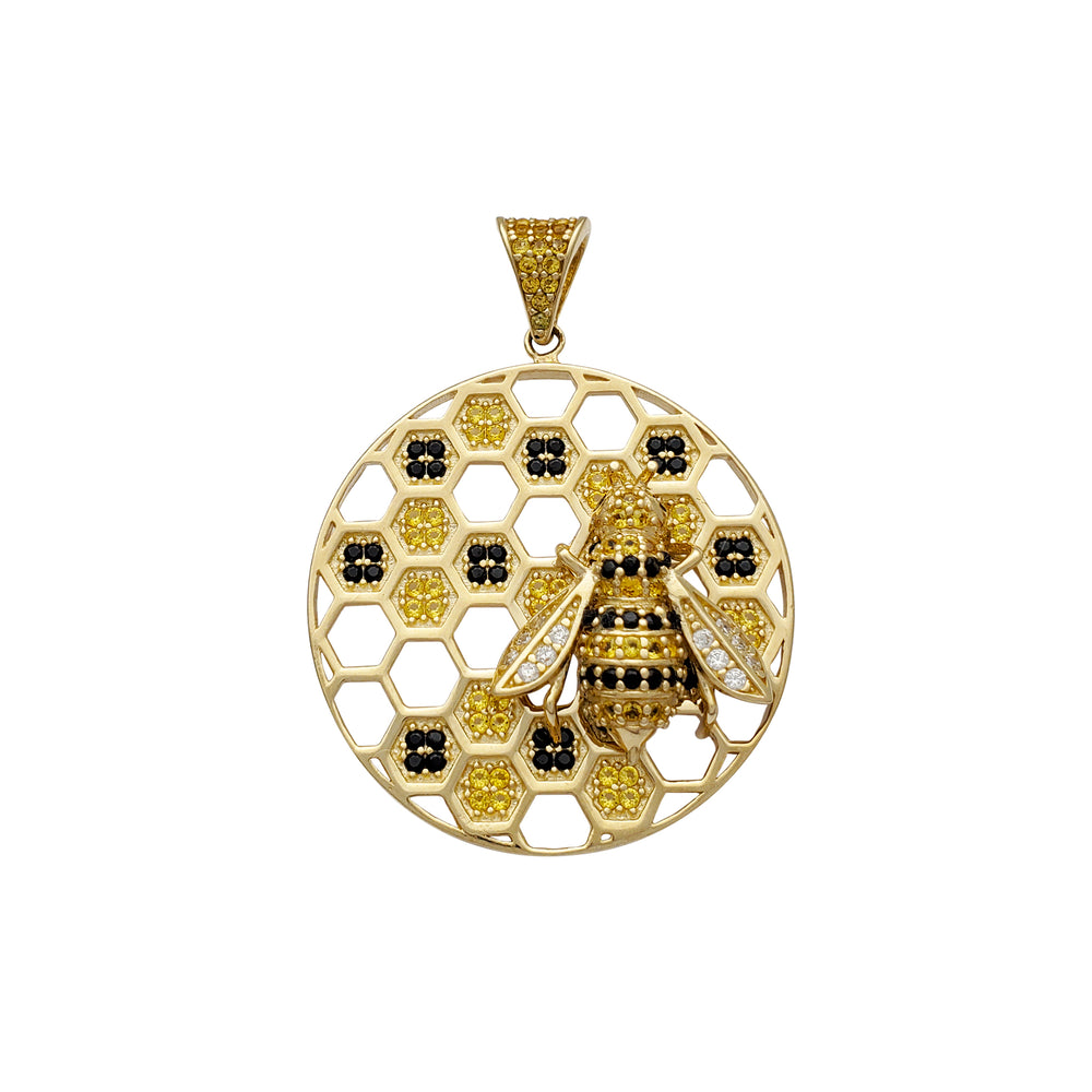 Zirconia Honeycomb & Bee Round Pendant (14K)