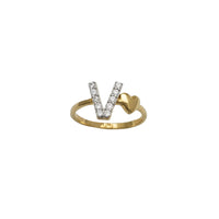 Zirconia Initial Letter "V" & Heart Solitaire Ring (14K)