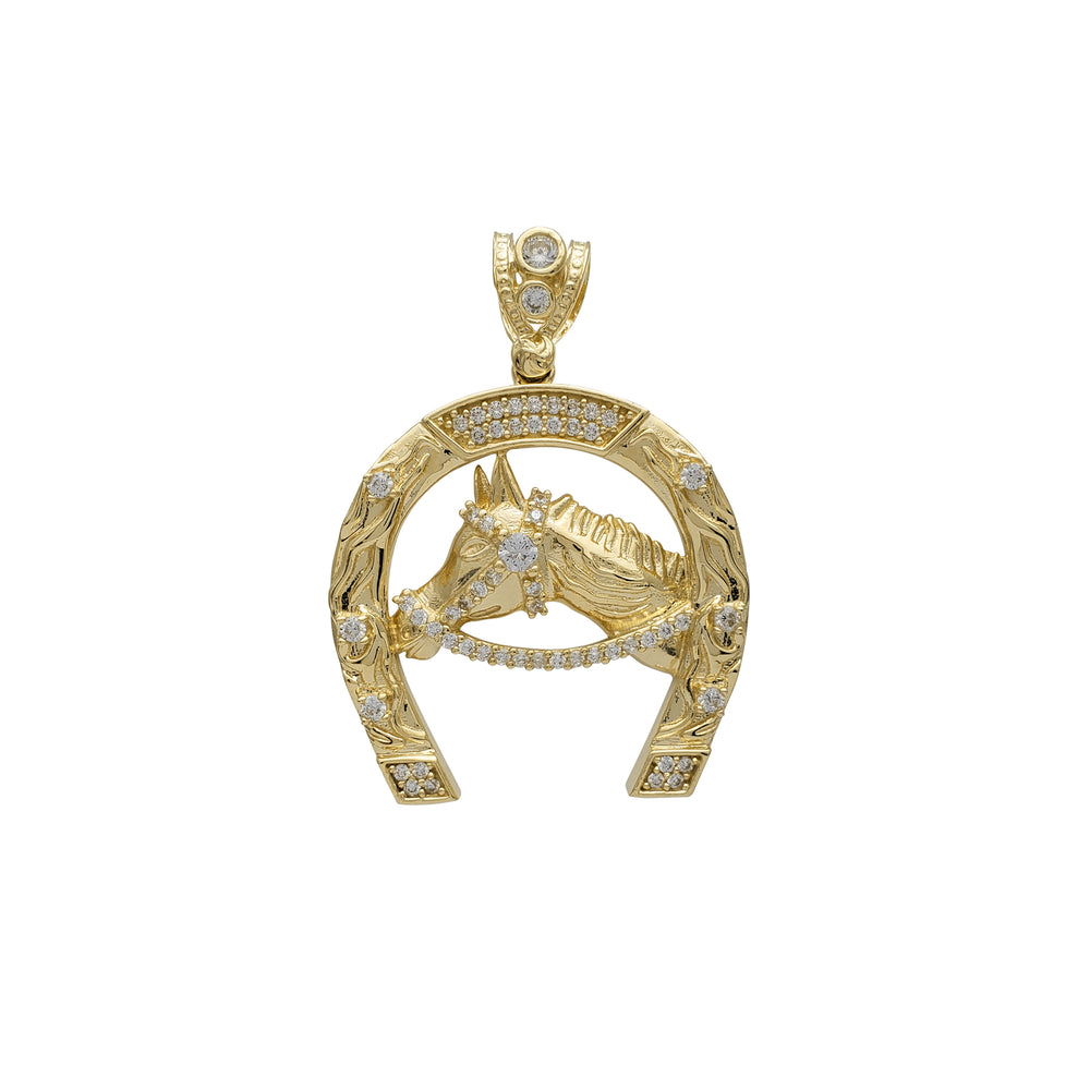 Zirconia Horseshoe Horse Head Pendant (14K)