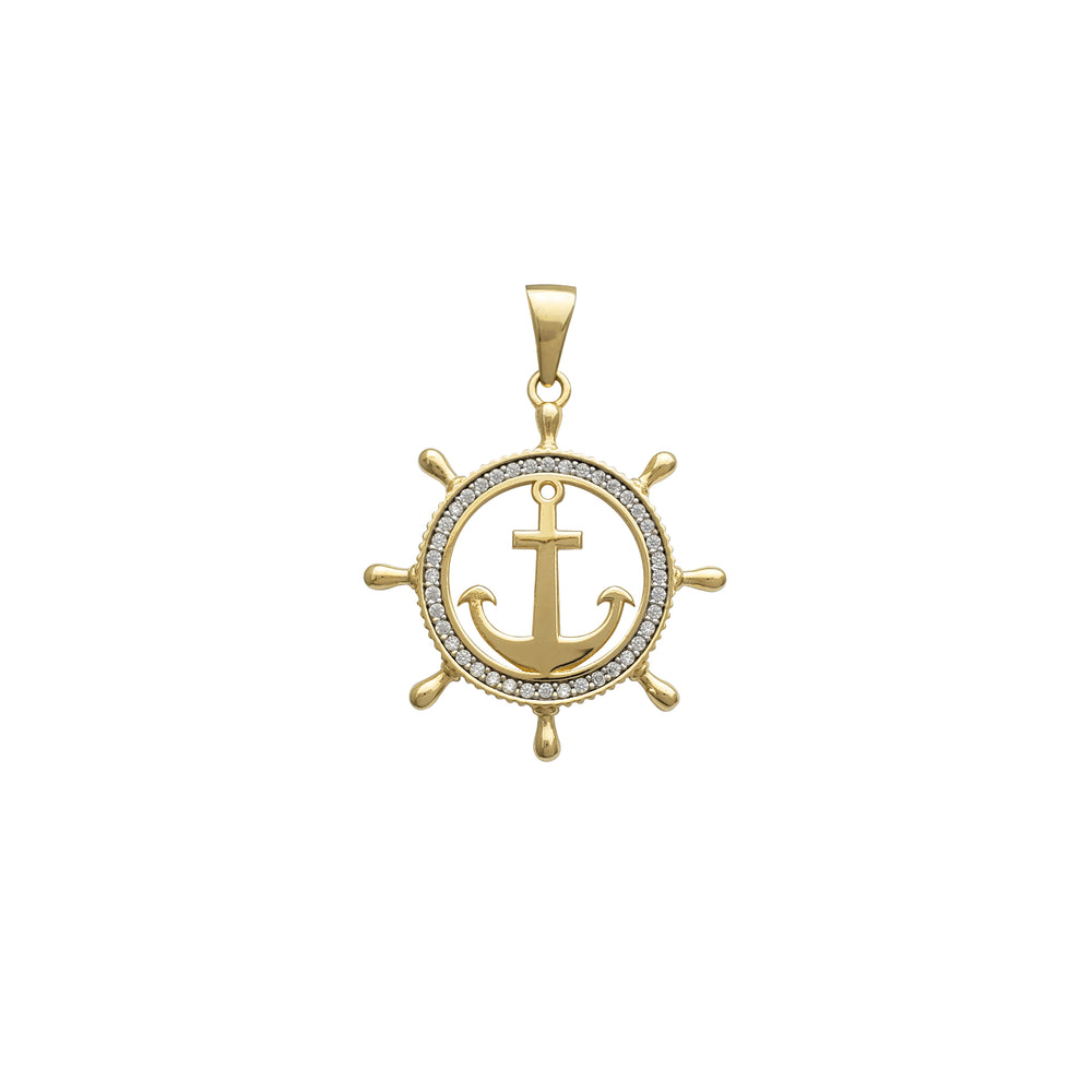 White Zirconia Steering Wheel & Anchor Pendant (14K) Popular Jewelry New York