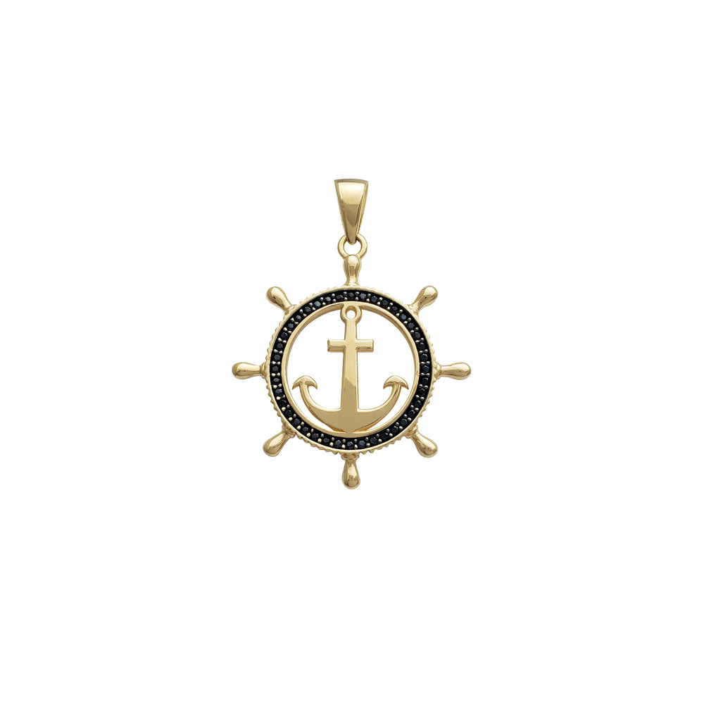 Black Zirconia Steering Wheel & Anchor Pendant (14K) Popular Jewelry New York