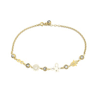Zirconia Charms Rolo Link Anklet (14K)