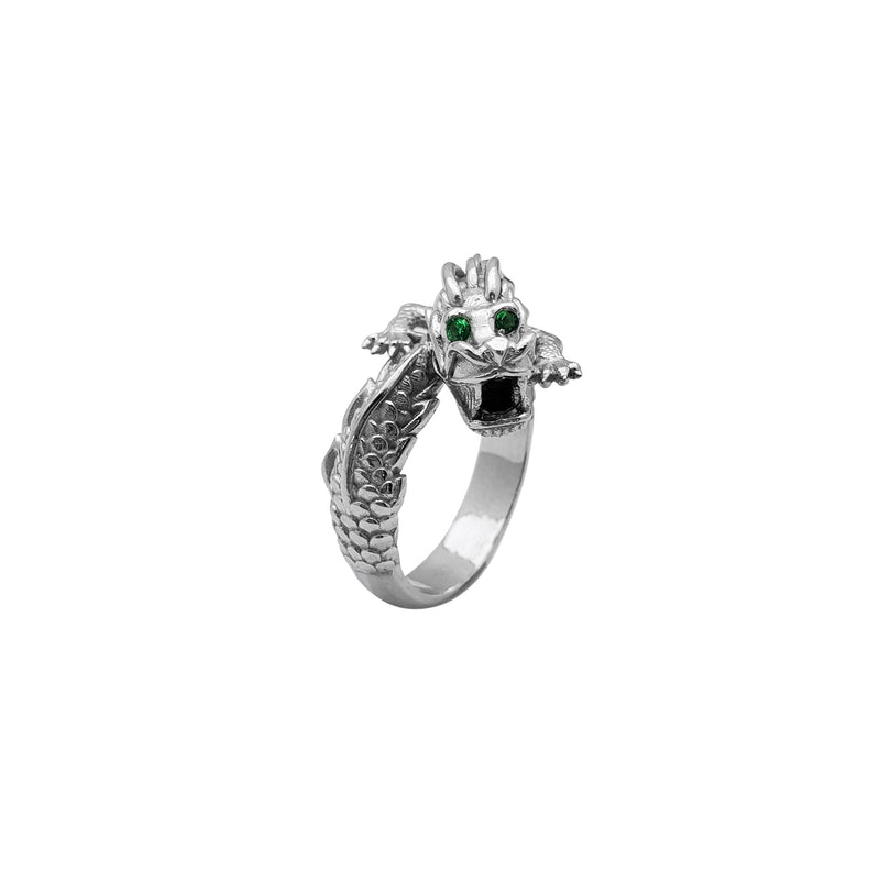 Zirconia Green-Eyes Textured Wrapped Dragon Ring (Silver) Popular Jewelry New York