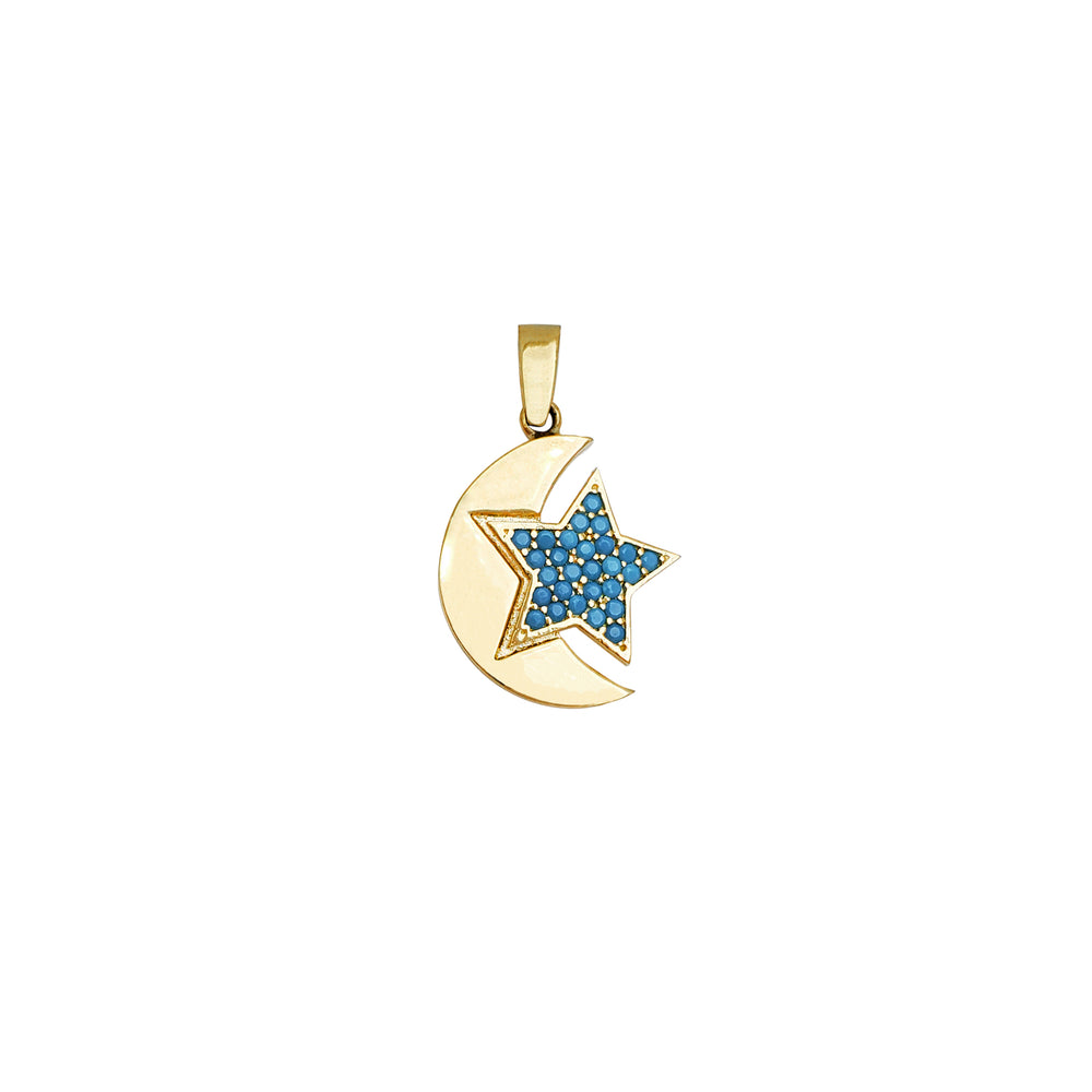 Crescent Moon & Blue Star Pendant (14K)