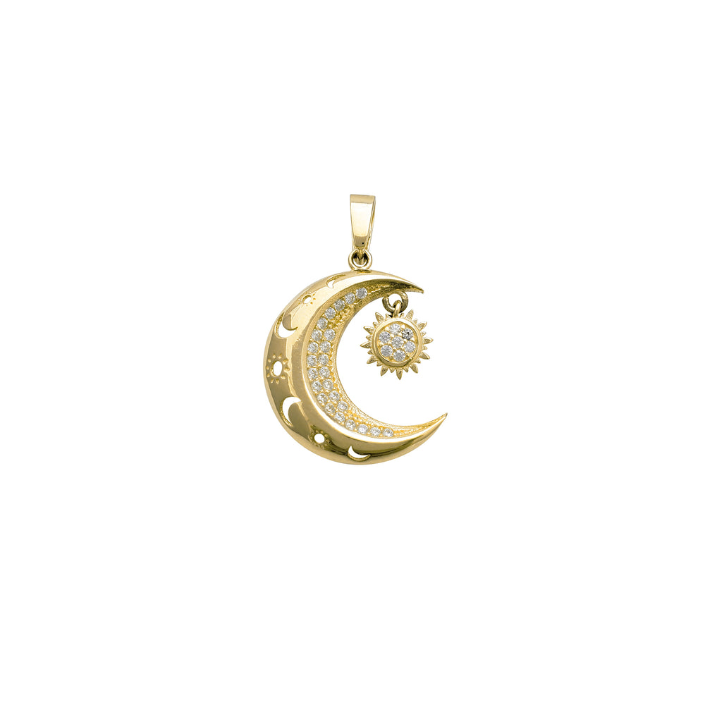 Zirconia Silhouette Crescent Moon & Sun Pendant (14K)