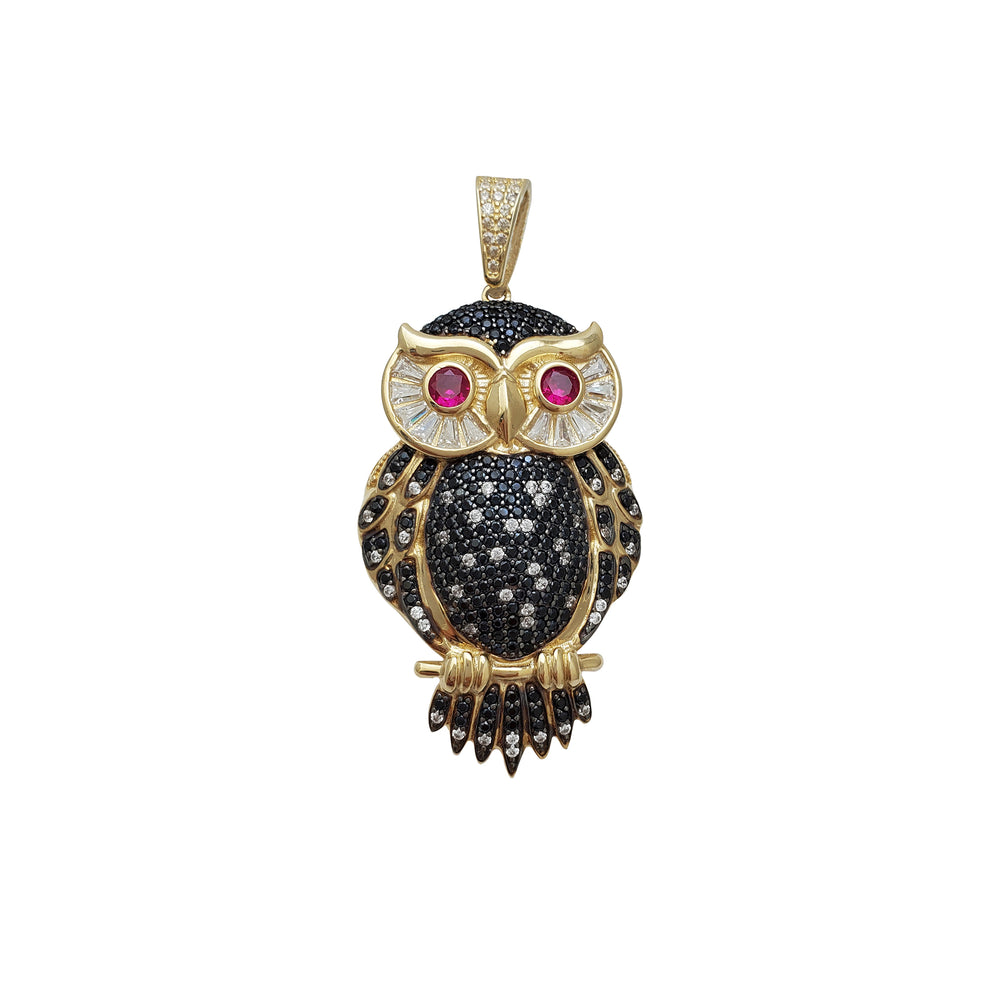 Zirconia Red-Eyes Black Owl Pendant (14K)