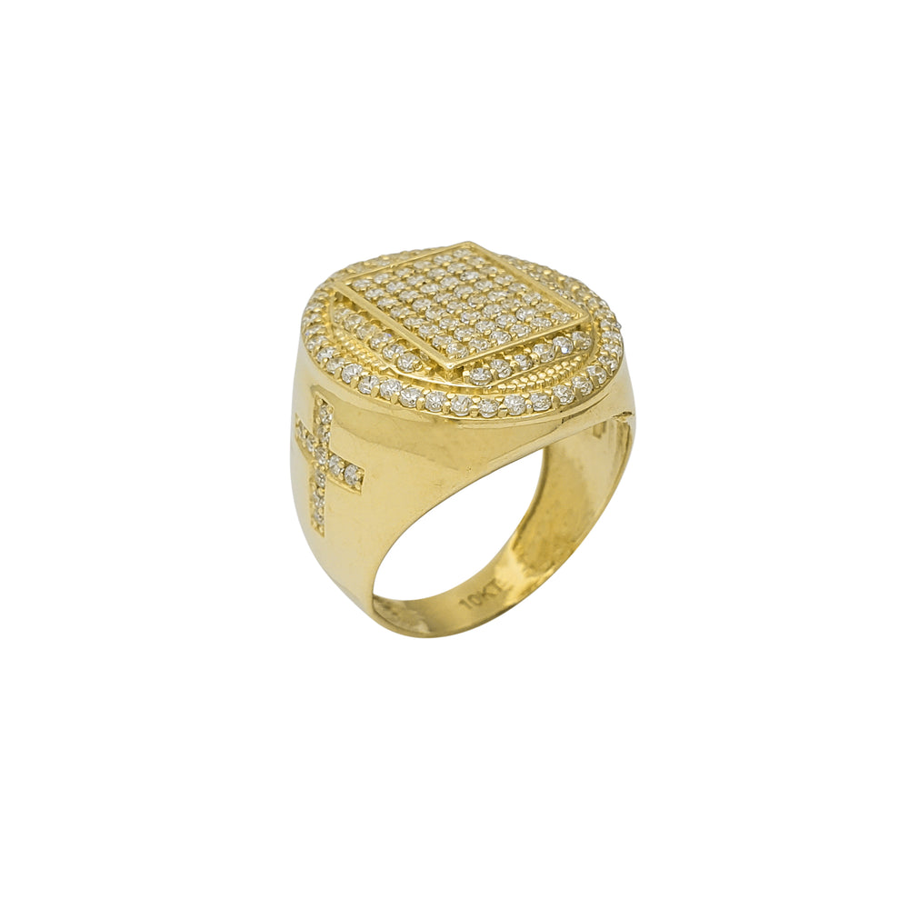 Zirconia Cross-Side-Encrusted Oval Signet Ring (10K)