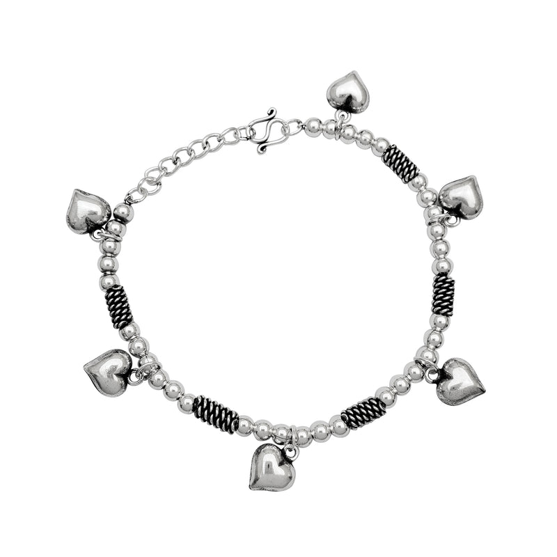 Antique Finish Puffy Heart Charm Bracelet (Silver)