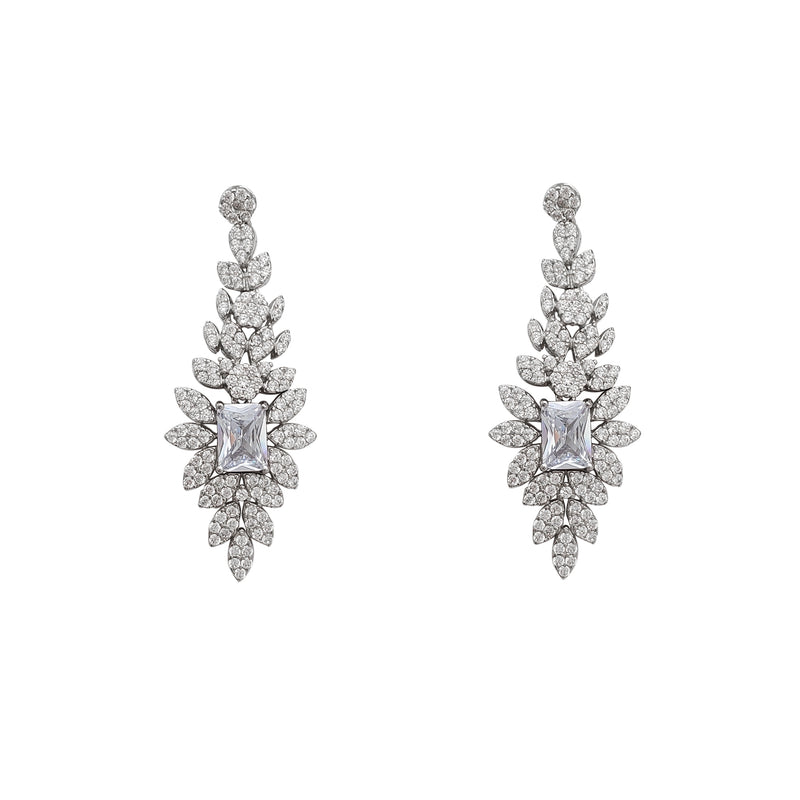 Zirconia Cluster Emerald-cut & Round Drop Earrings (Silver)