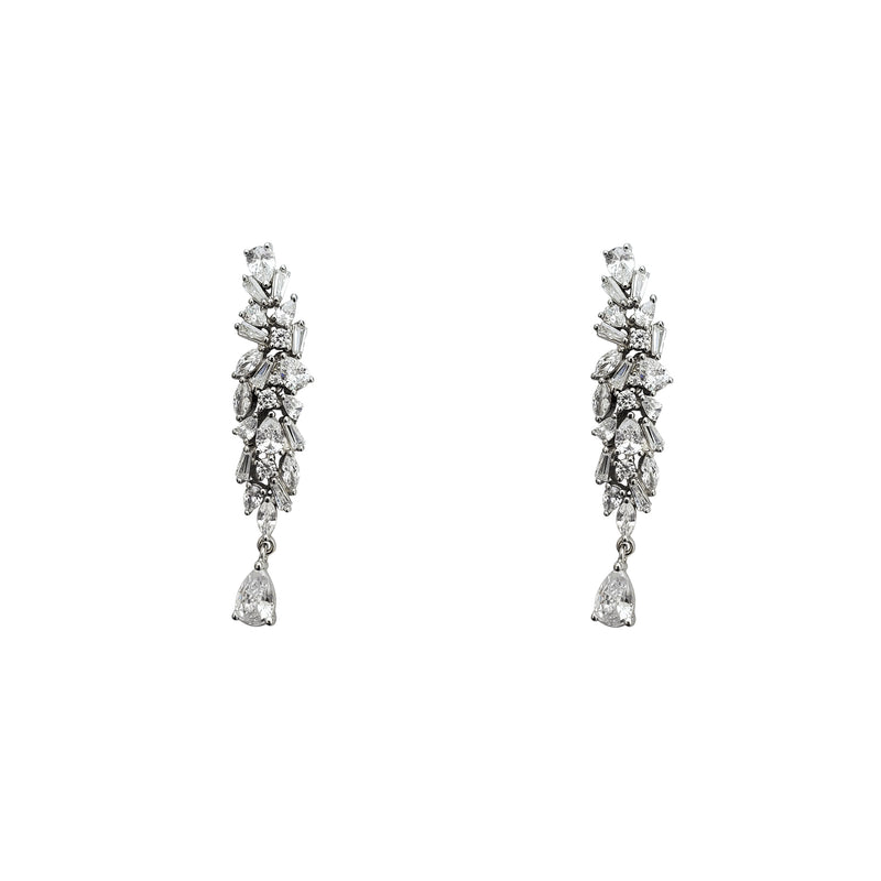 Zirconia Cluster Baguettes & Pear-shaped Drop Earrings (Silver)