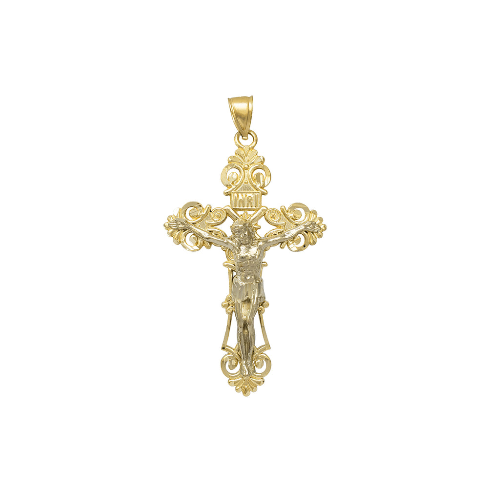 Diamond-Cut Fleur de Lis Crucifix Jesus Pendant (14K)