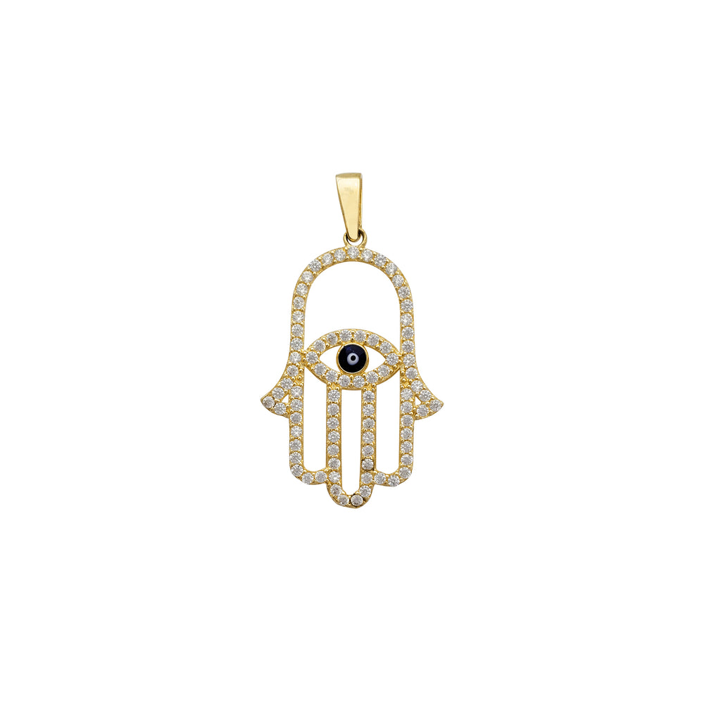 Zirconia Evil Eye Hamsa Hand Pendant (14K)