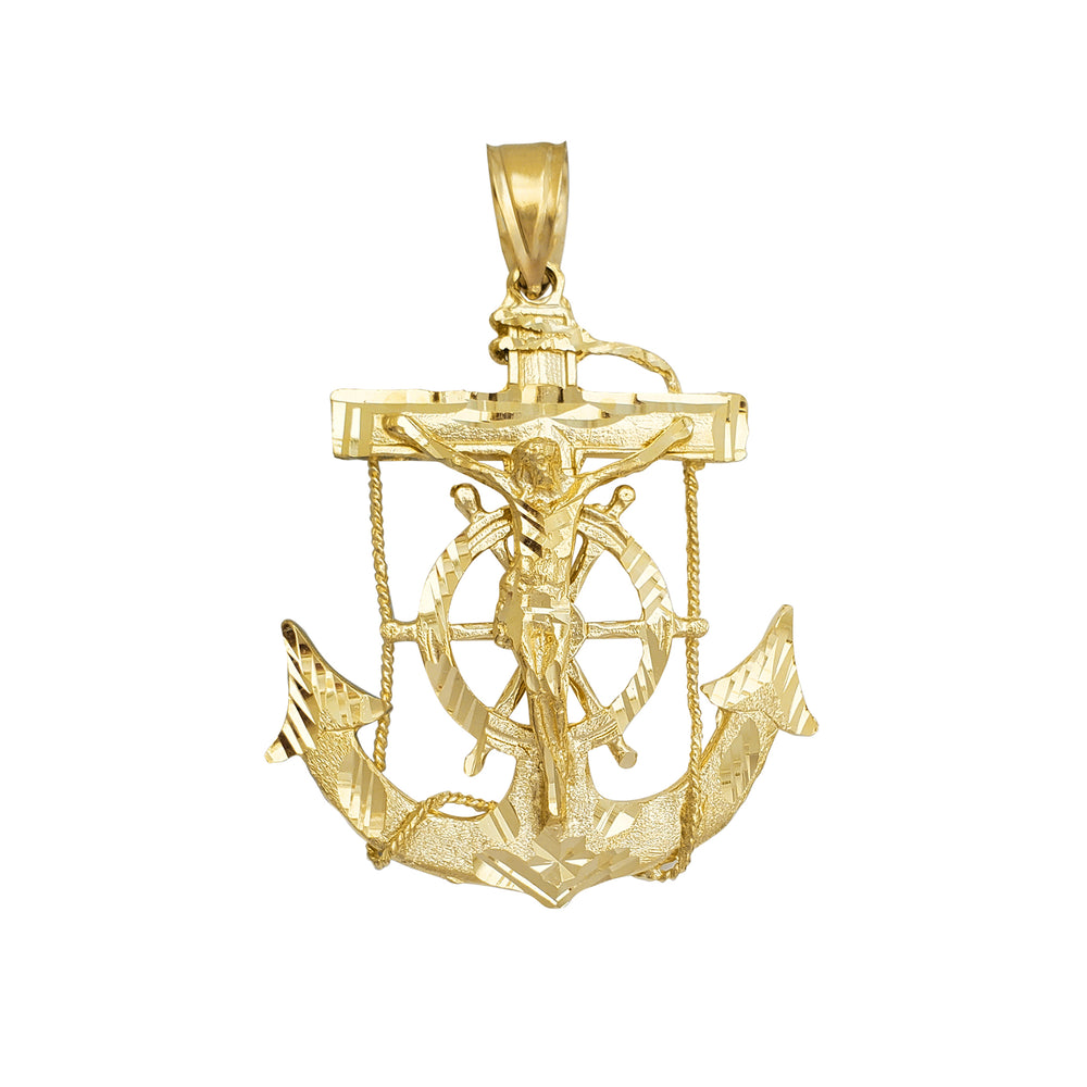 Solid Diamond-cuts Roped Crucifix Anchor Pendant (14K)