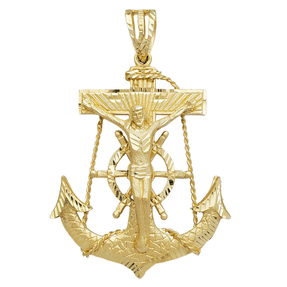 Solid Diamond-cuts Roped Crucifix Anchor Pendant (14K)
