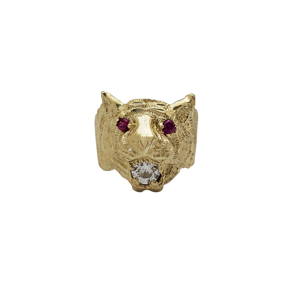 Zirconia Red-Eyes Lion Head Ring (14K)