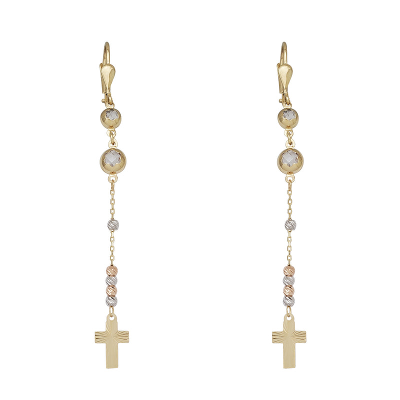 Tricolor Beads & Cross Dangling Earrings (14K)