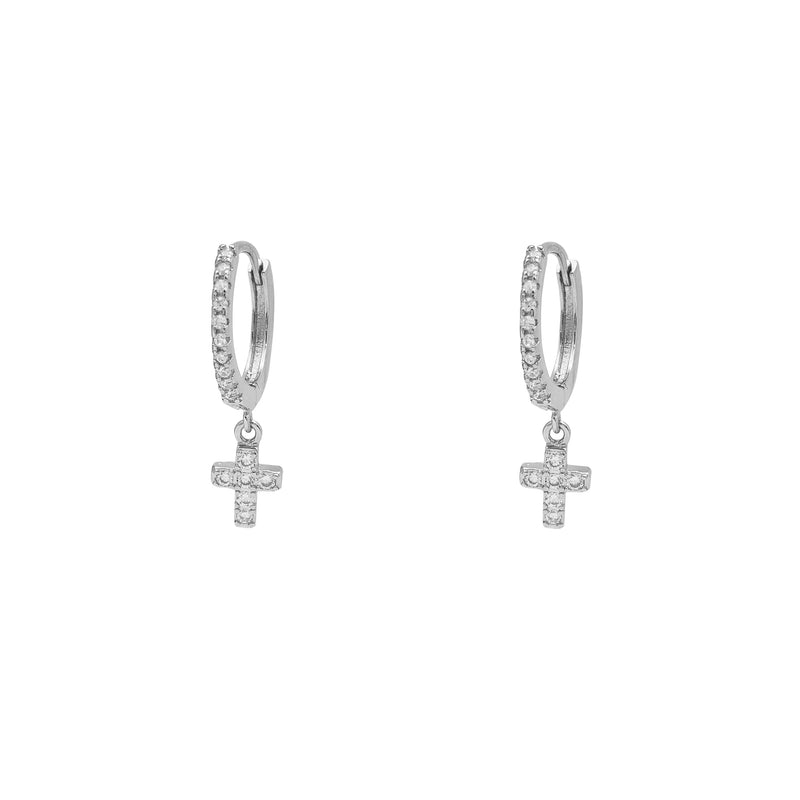 Zirconia Cross Huggie Dangling Earrings (Silver)