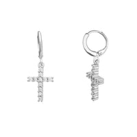 Zirconia Cross Huggie Dangling Earrings (Silver)