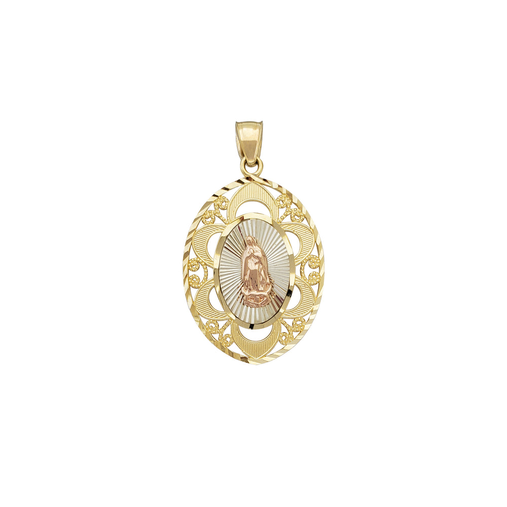 Tricolor Diamond-cuts Virgin Mary Oval Pendant (14K)