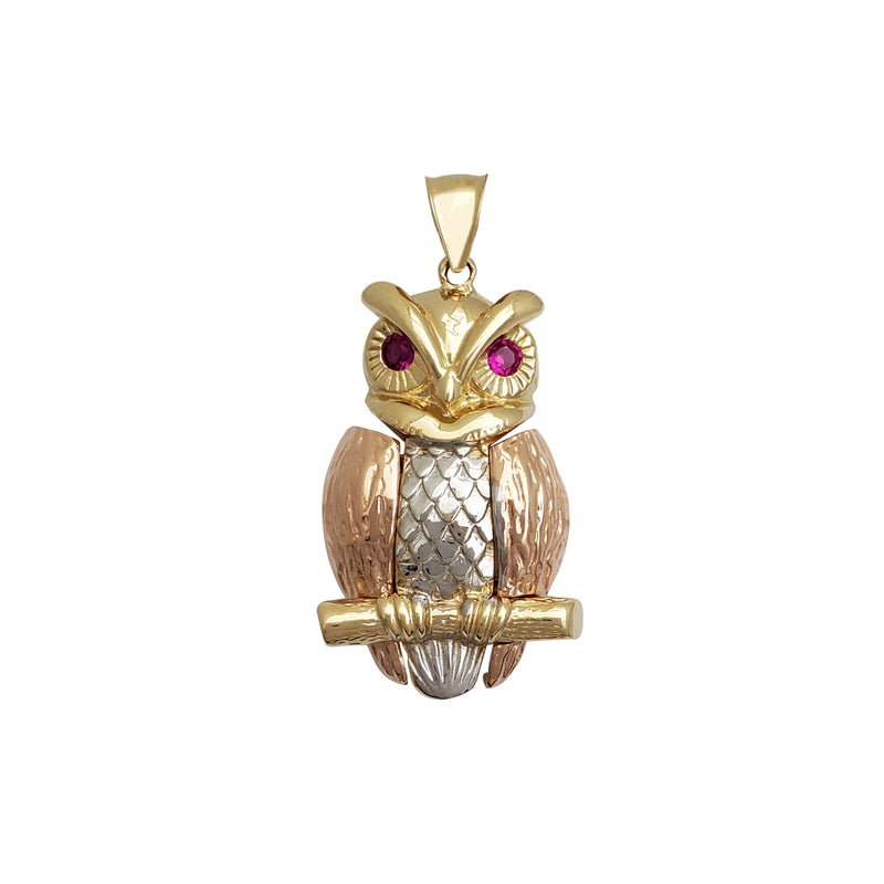 Tricolor Red-Eyes Owl Pendant (14K)