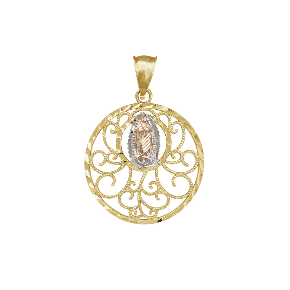 Tricolor Virgin Mary Milgrain Frame Pendant (14K)