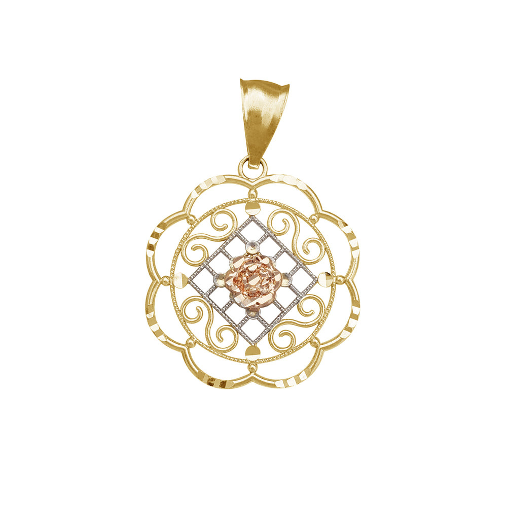 Tricolor Rose Flower Frame Pendant (14K)