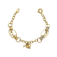 Zirconia Heart & Key Oval-Round Hoops Link Fancy Bracelet (14K)