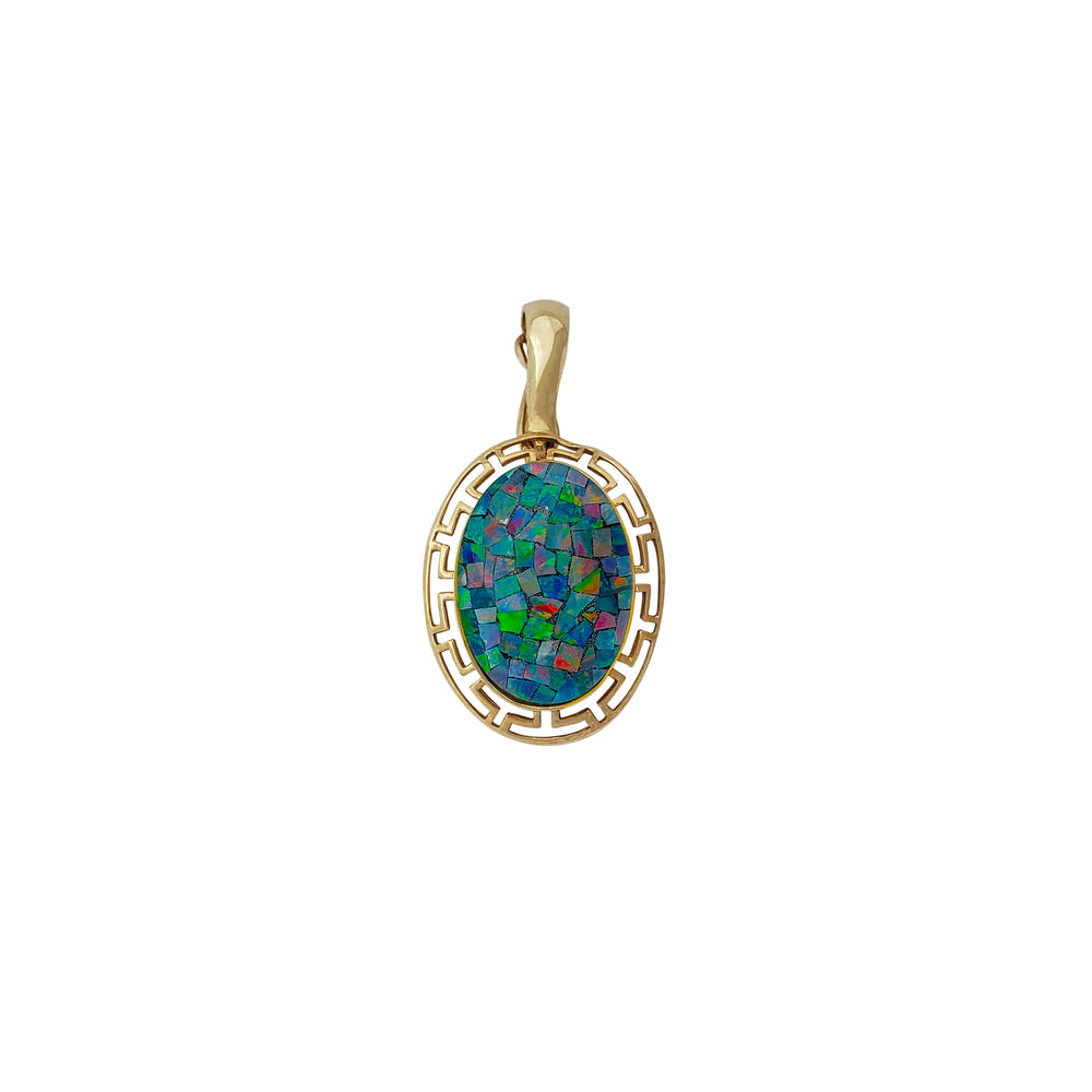 Outlined Greek Frame Oval Opal Pendant (14K)