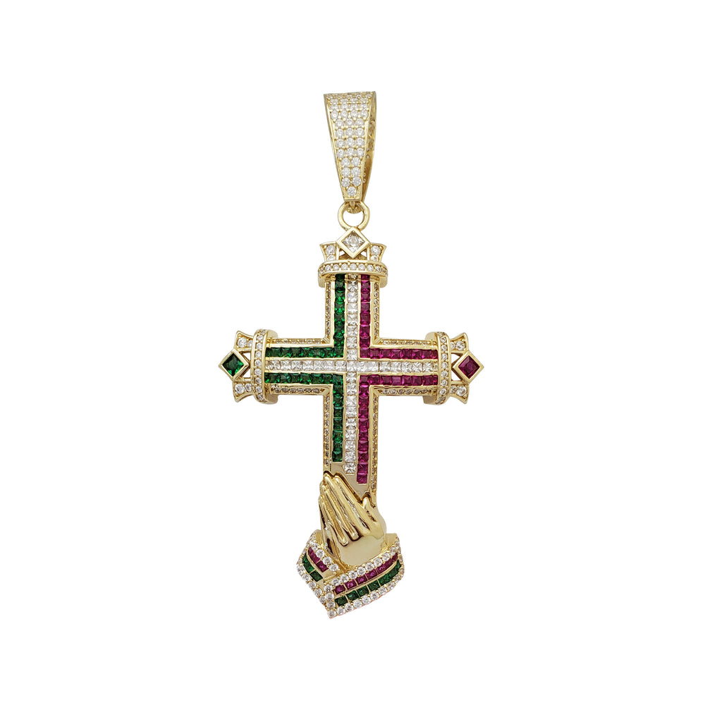 Multicolor Praying Hands Cross Pendant (14K)