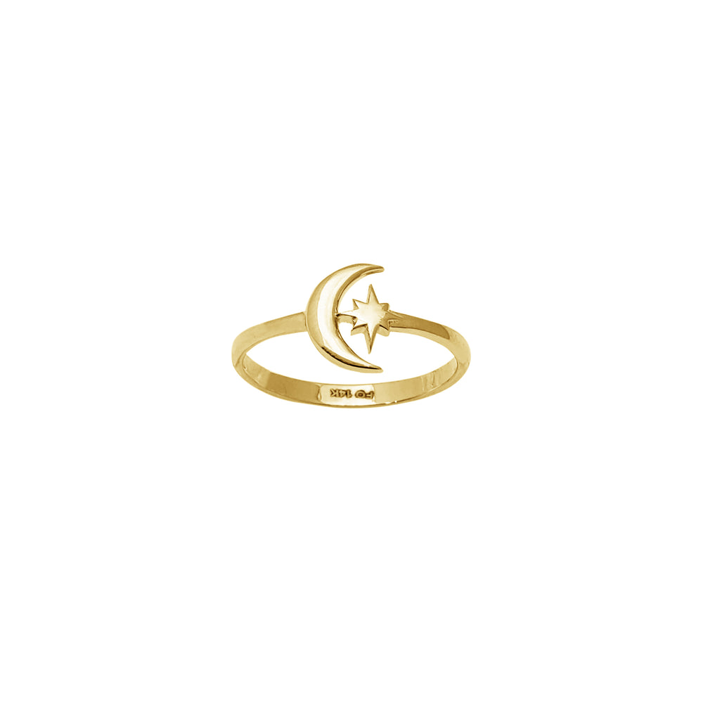 Glossy North Star & Crescent Moon Ring (14K)