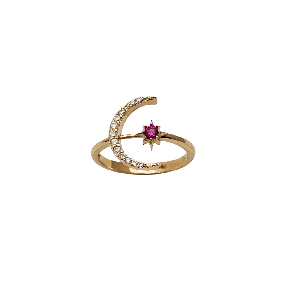 Red North Star & Crescent Moon Ring (14K)