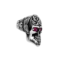 Antique Finish Red-Eyes Skull Ring (Silver)