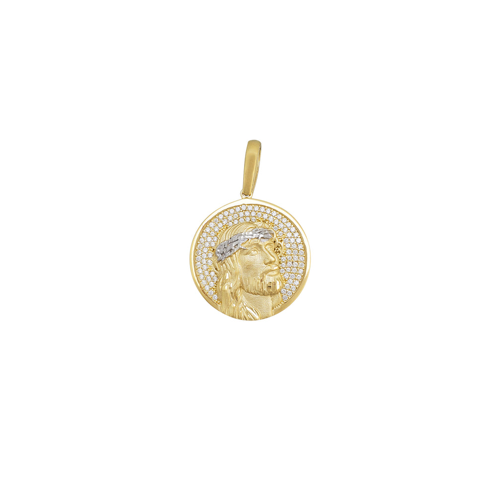 Zirconia Cluster Jesus Head Round Medal Pendant (14K)