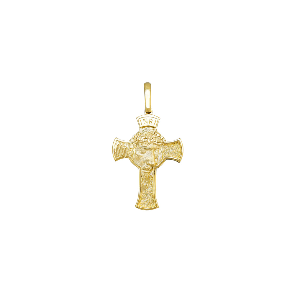 Textured Diamond Cuts-Matte Jesus Head Cross Pendant (14K)