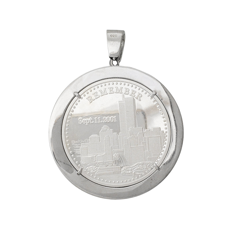 Zirconia Solid Medallion "FREEDOM" Liberty Twins Tower Pendant (Silver)