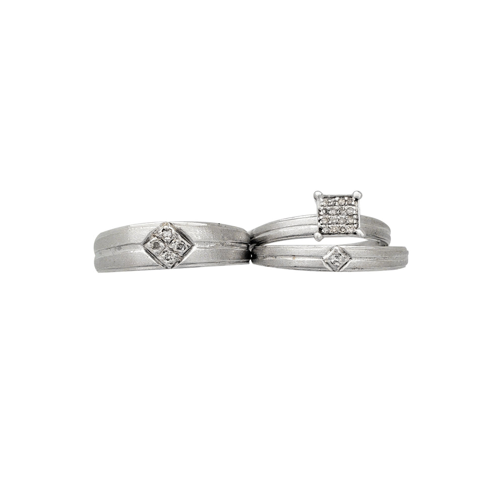 Diamond Pave Matte Finish Three-Piece-Set Engagement/Wedidng Ring (14K)