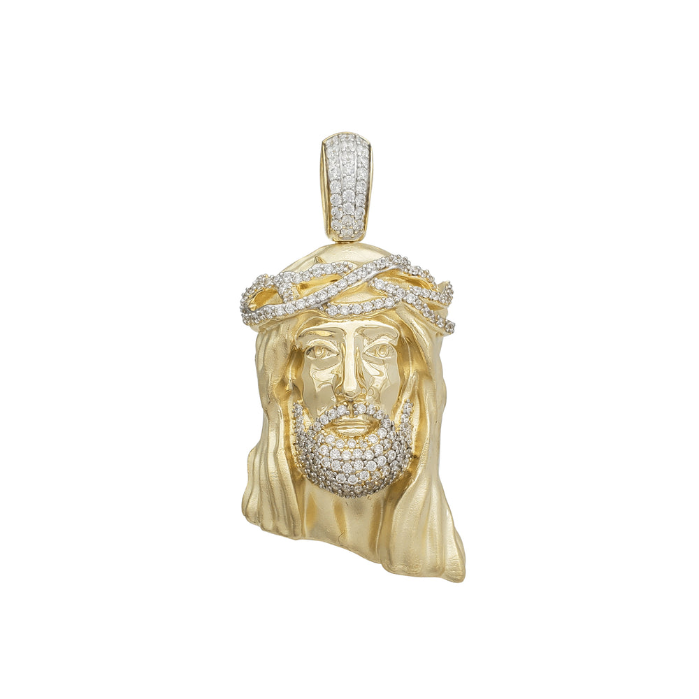 Glossy-Matte Textured Jesus Head CZ Pendant (14K)