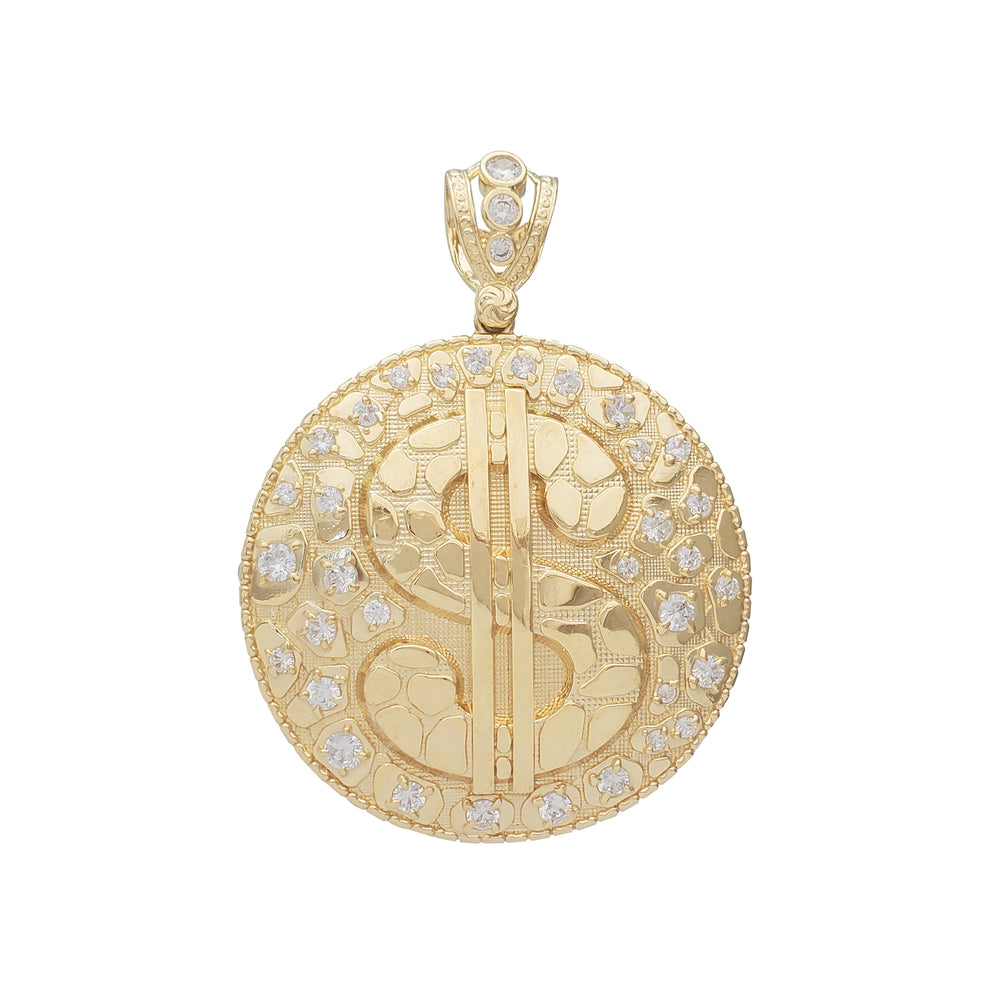 Zirconia Nugget Textured Dollar Sign Round Pendant (14K)
