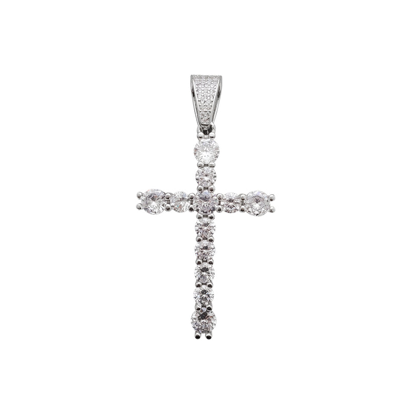 Iced-Out Single-Row Stone Cross Pendant (Silver)