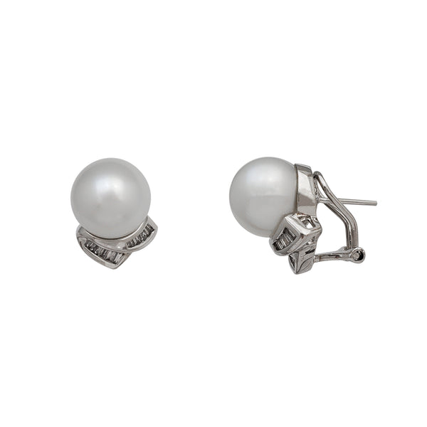 Diamond & Pearl Channel-Set Omega-Back Earrings (18K)