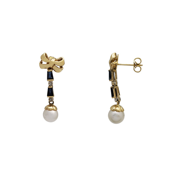 Bowtie Diamond, Sapphire & Pearl Stud Dangling Earrings (14K)