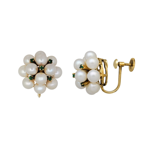 Cluster Pearl & Emerald Non-Pierced Earrings (14K)