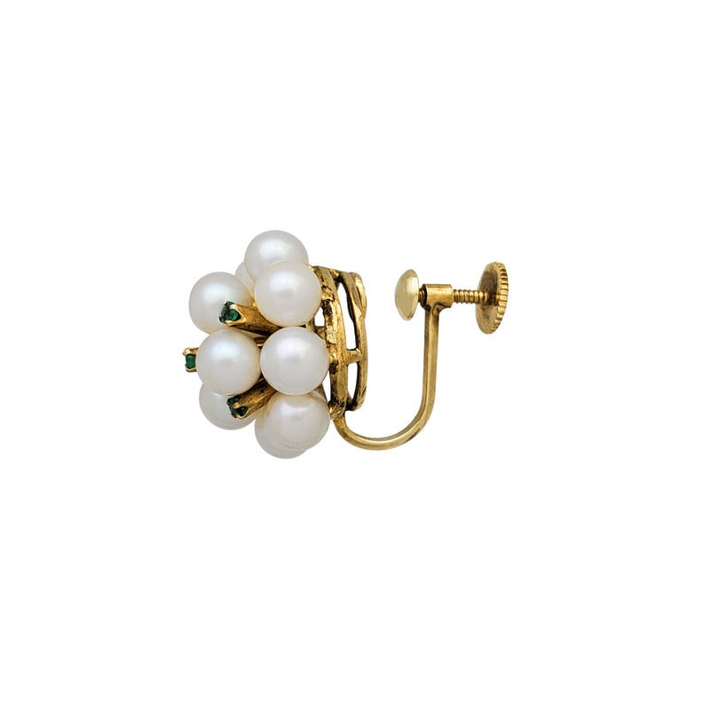 Cluster Pearl & Emerald Non-Pierced Earrings (14K)