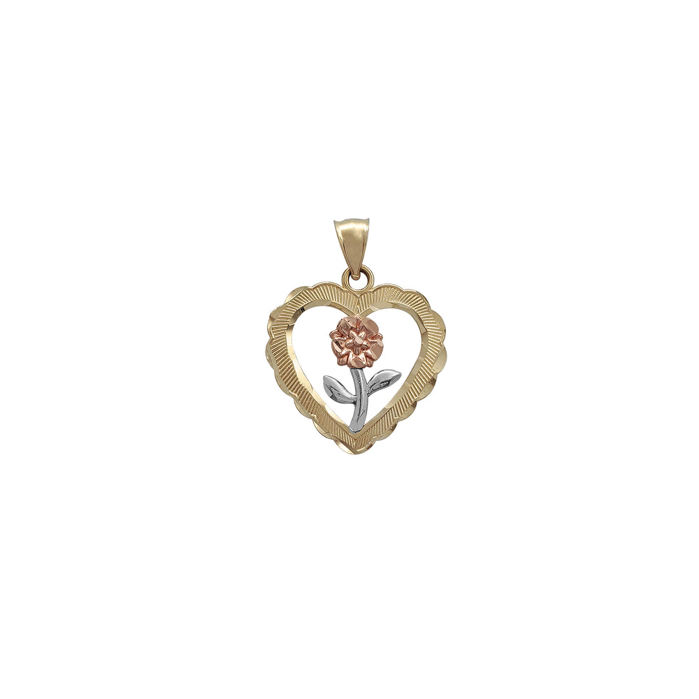 Two-Tone Long Stem Rose Heart Frame Pendant (14K)